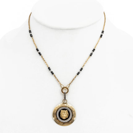 14K Női arany anker oroszlán fejes cirkónia köves fekete-ezüst bogyós medálos nyaklánc