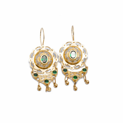 14K Női arany fantázia zöld cirkónia köves beakasztós fülbevaló